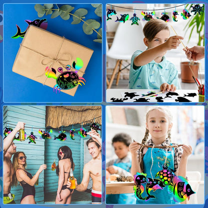 JULMELON 36 PCS Ocean Crafts, Rainbow Scratch Art Under The Sea Party Favors DIY Magic Color Summer Ocean Animals Scratch Cards for Summer Party Favors School Activities