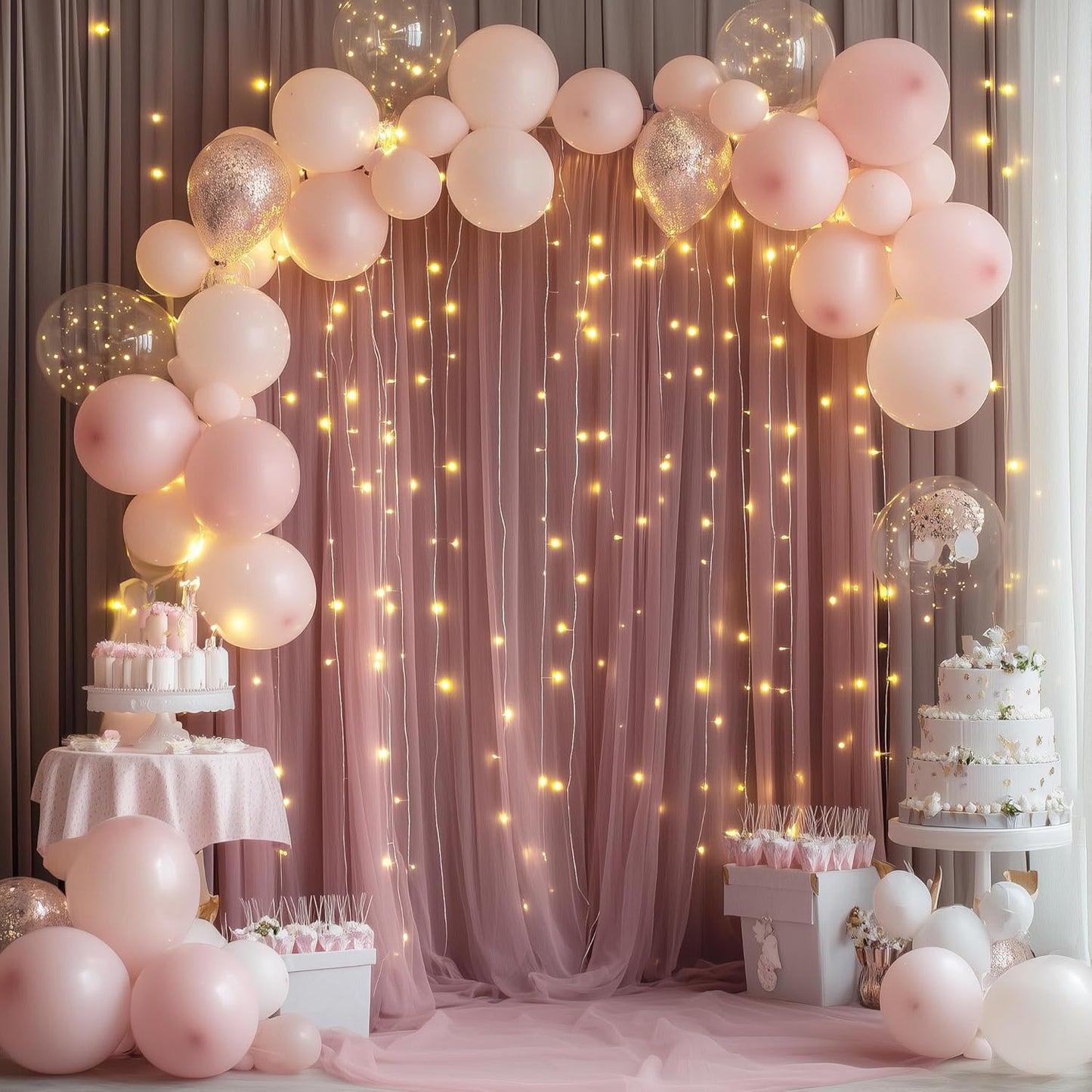 Fomcet Tulle Backdrop Curtains with Lights String White 10FT X 8FT Sheer Curtain with Lights Tulle Curtains Backdrop for Wedding Birthday Party Baby Shower Photo Shoot (2 Panels 5x8FT)