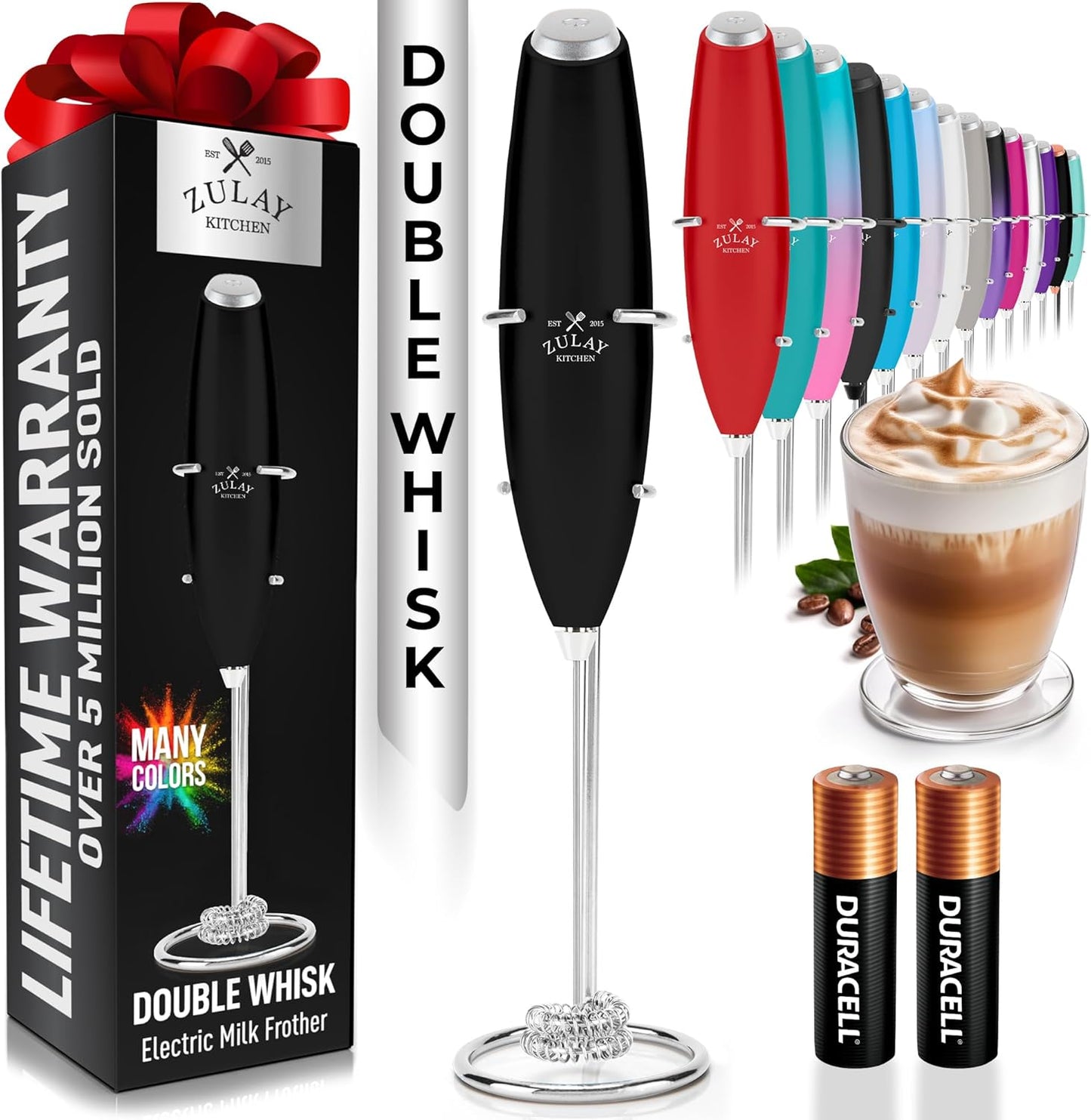 Zulay Kitchen Powerful Milk Frother Wand With Duracell Batteries - Ultra Fast Handheld Drink Mixer - Electric Whisk Foam Maker for Coffee, Lattes, Cappuccino & Matcha - Z1 Motor - Black - Colors D