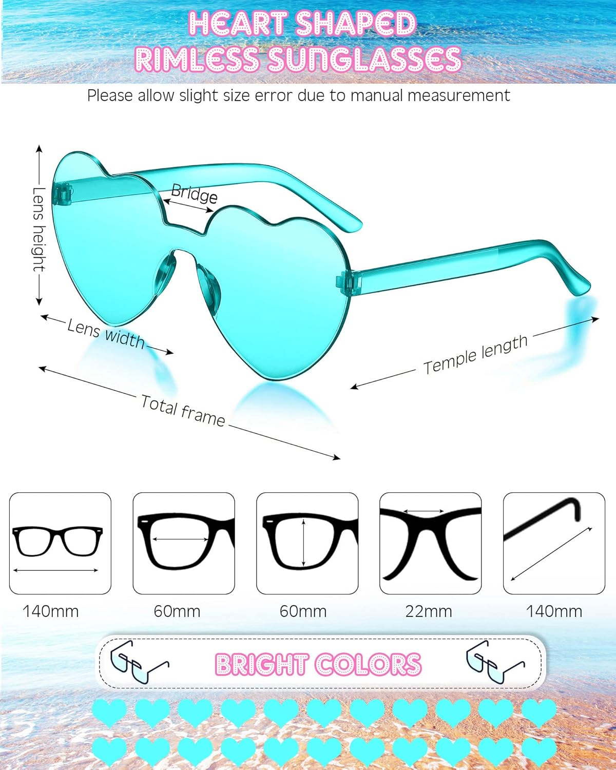 Frienda 20 Pairs Heart Shaped Sunglasses Rimless Candy Color Glasses for Women Men Party Favor