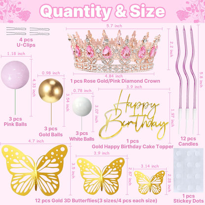 Crown Cake Topper, Balls Happy Birthday Cake Topper Pink Crown Birthday Candles Gold Butterflies, Corona Para Pastel, Cake Decorations for Birthday Wedding (Gold, Pink)