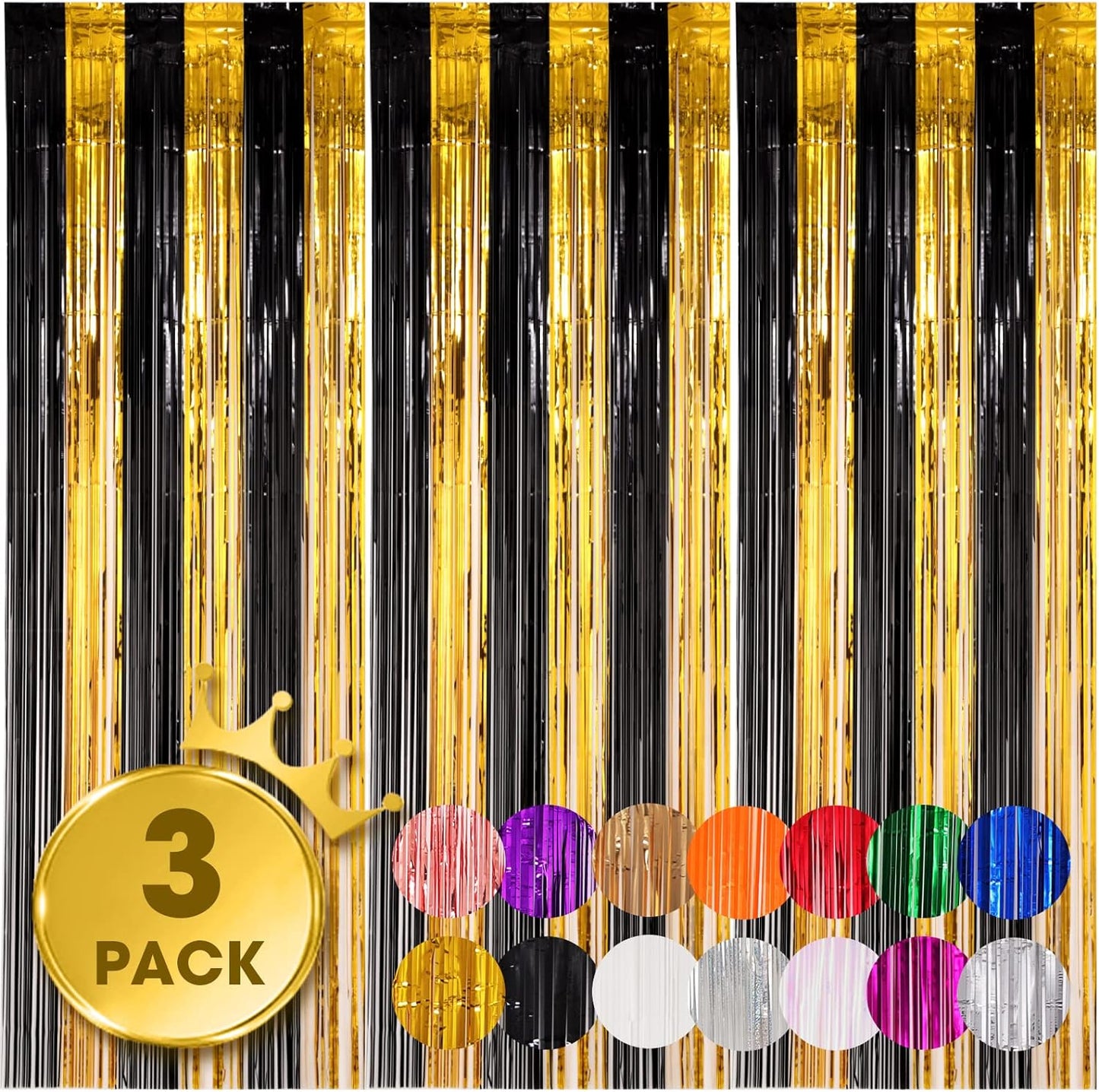 Voircoloria 3 Pack 3.3x8.2 Feet Gold Foil Fringe Backdrop Curtains, Tinsel Streamers, Fringe Backdrop for 2025 New Years Eve, Graduation, Birthday, Baby Shower, Gender Reveal, Disco Party - Colors A