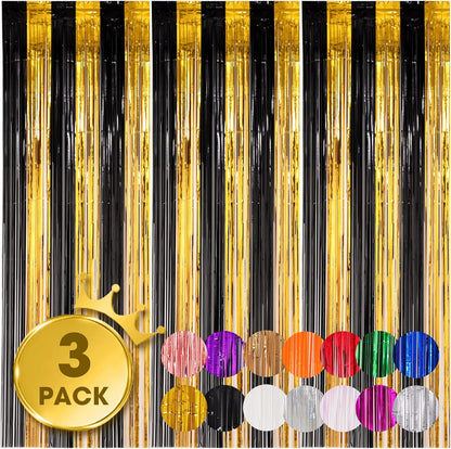 Voircoloria 3 Pack 3.3x8.2 Feet Gold Foil Fringe Backdrop Curtains, Tinsel Streamers, Fringe Backdrop for 2025 New Years Eve, Graduation, Birthday, Baby Shower, Gender Reveal, Disco Party - Colors A