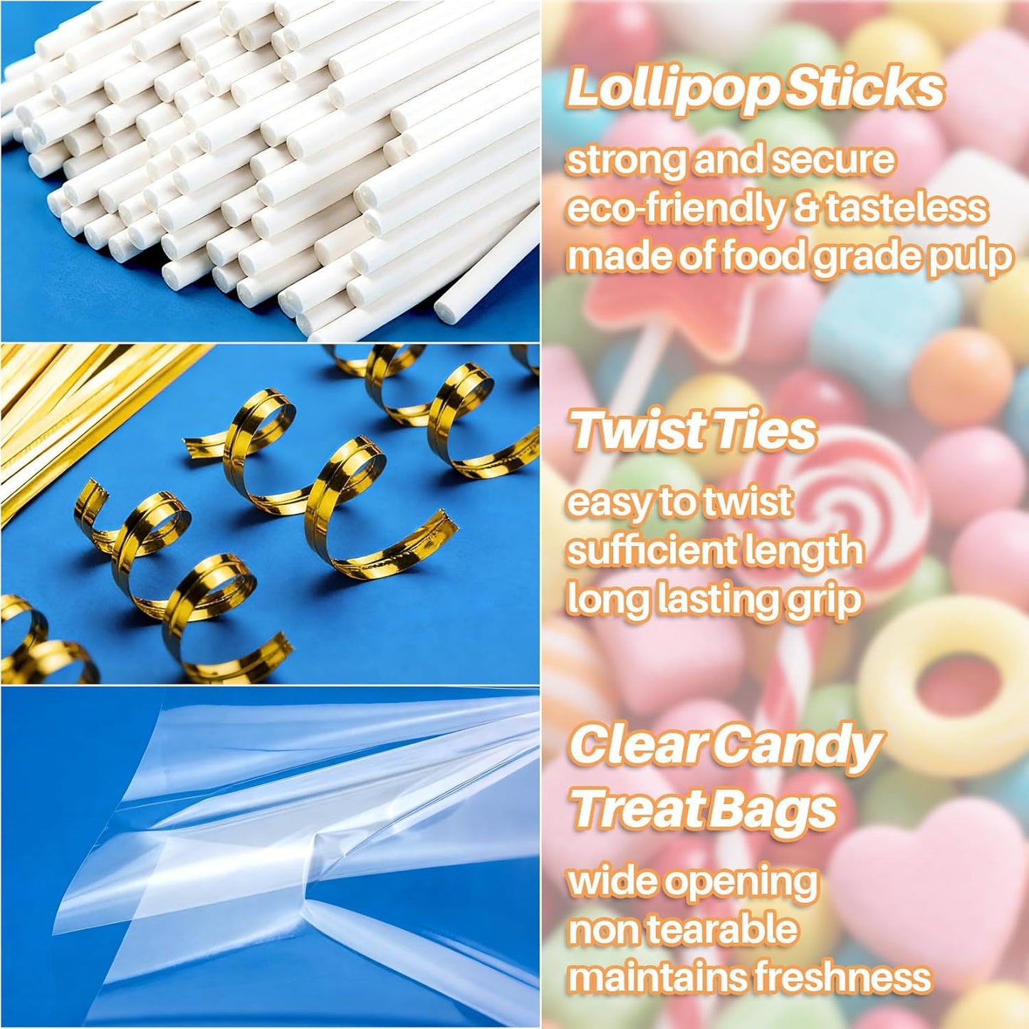 RAINFLOW 600 Pcs Cake Pop Sticks and Wrappers Kit - Lollipop Sticks and Wrappers Including 200ct Cake Pop Stick, 200ct Treat Bags, 200 Pcs Twist Ties for Cakepop, Lollipop, Candy, Chocolate