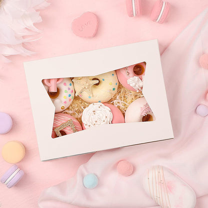 Moretoes 32pcs Cookie Boxes, 8x6x2.5 Bakery Boxes with Window 3 Styles, for Chocolate Strawberries, Dessert, Donuts, Cupcakes, Muffins