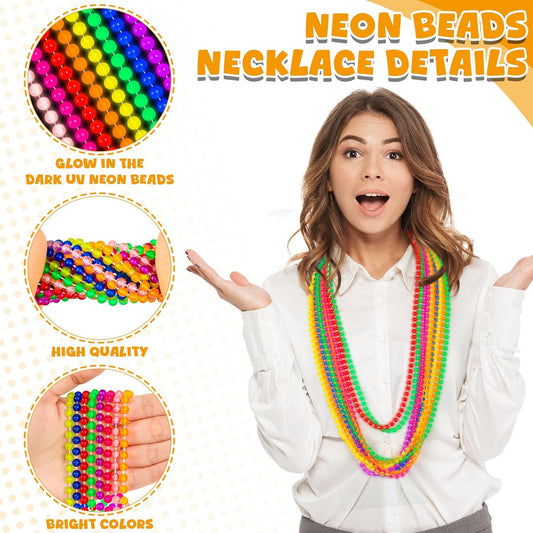 EOBOH 12PCS Mardi Gras Beads Neon, Glow in the Dark Metallic 8 Kinds of Color Bead Necklaces, 33" Beaded Necklace Costume Party Favor Supplies for Festival Parade Throw Accessories Wedding Birthday