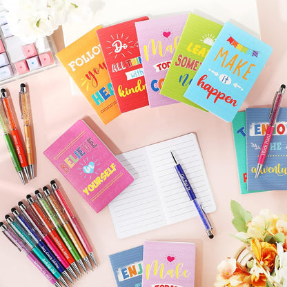 Funrous 32 Pcs Motivational Quote Pens Inspirational Notepads Mini Journal with Ballpoint Pen Small Notebooks Gift for Men Women Coworker Adult Party Favors Prize Teacher Student Office(Stylish)