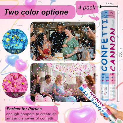 4 Pack Gender Reveal Confetti Cannon, 12 in Blue Rectangle Shaped Paper Party Poppers Cannons, Confetti Poppers For Baby Boy Gender Reveal Baby Showers (Rectangle, Blue)