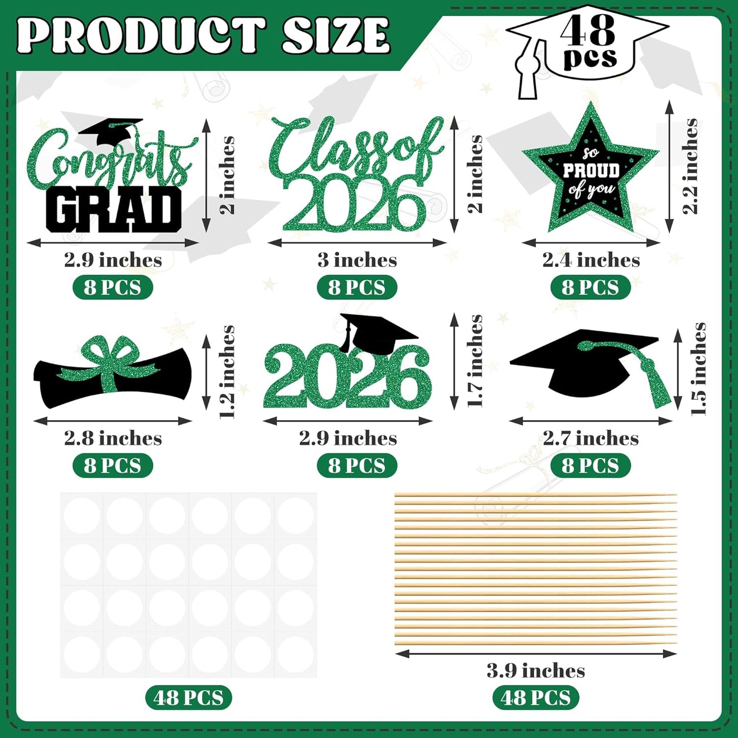 48 PCS Graduation Cupcake Toppers, Glittery 6 Styles Congrats Grad Cake Topper, Black and Red Graduation Decorations 2026, Cap and Diploma Cake Picks for Grad Party Supplies