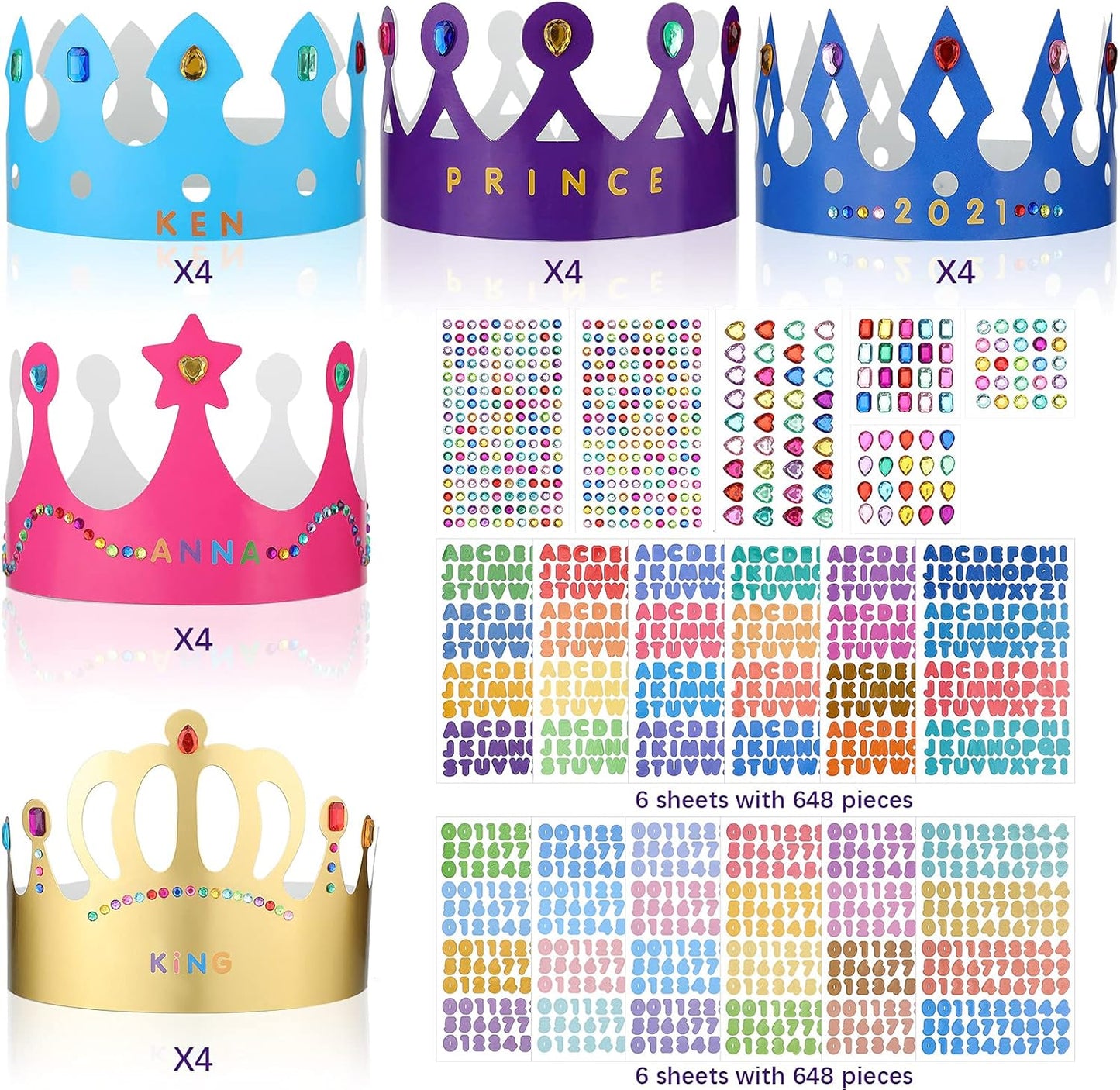 Chinco 38 Pieces Paper Crowns Princess Prince Hats Birthday Party Crowns Craft Jewels Gem Number Letter Sticker for DIY Classroom Decor