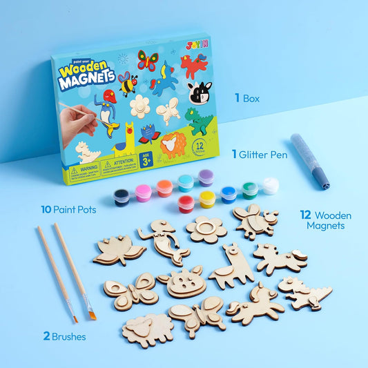 JOYIN 12 Wooden Magnet Creativity Arts & Crafts Painting Kit for Kids, Decorate Your Own Painting Gift for Halloween Crafts, Birthday Parties and Family Crafts, Party Favors for Boys Girls