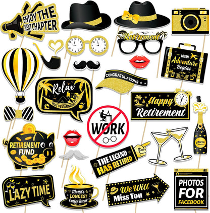 HOWAF Retirement Party Photo Booth Props Kit - 26pcs Selfie Props & 1 Frame, Fun Retire Party Favors