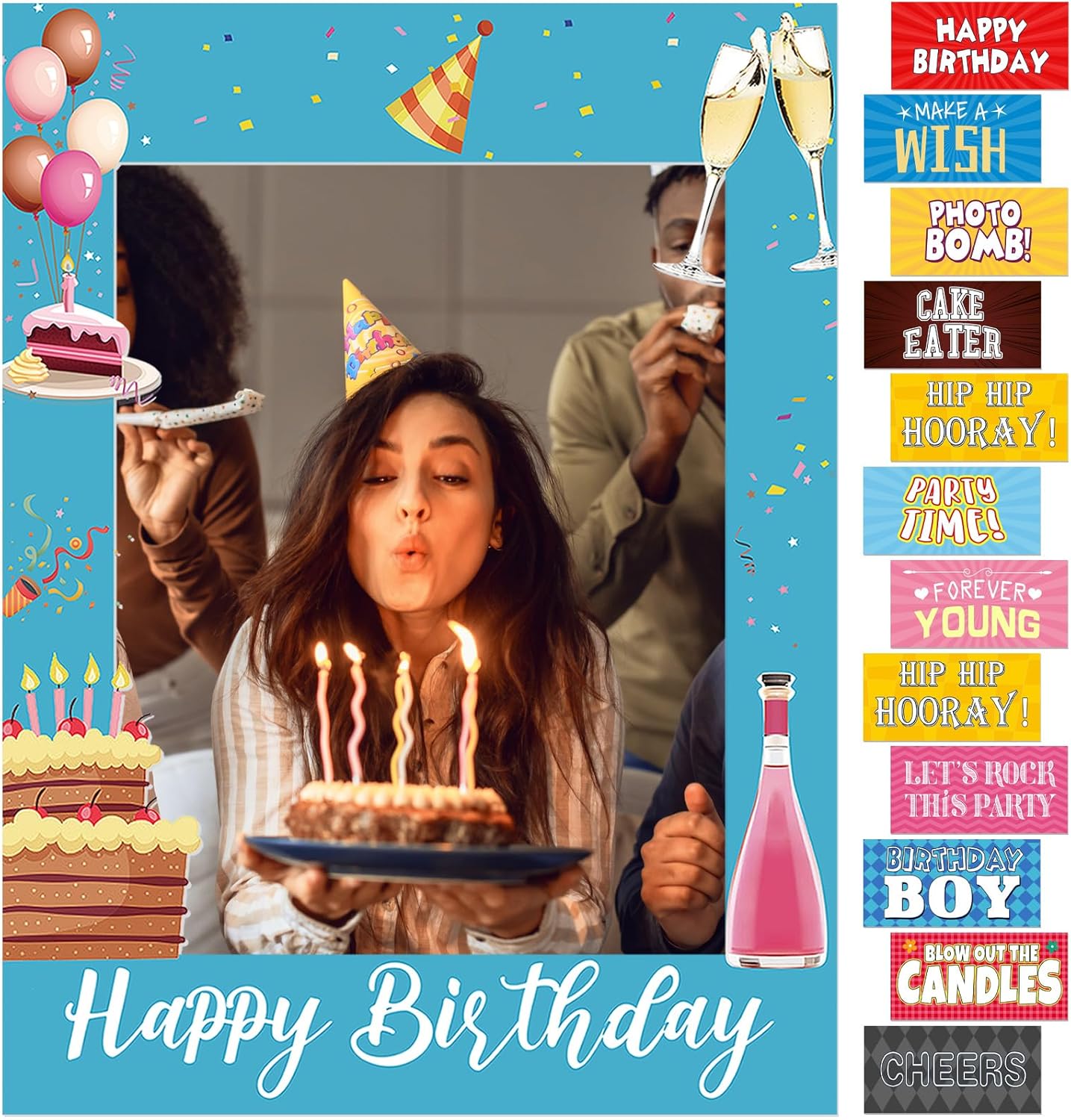 Amyhill 13 Designs Extra Large Birthday Photo Booth Props Include 32 x 24 Inch Photo Booth Props Picture Frame Double Sided Happy Birthday Party Decorations DIY Water Proof Selfie Signs Party Supplies