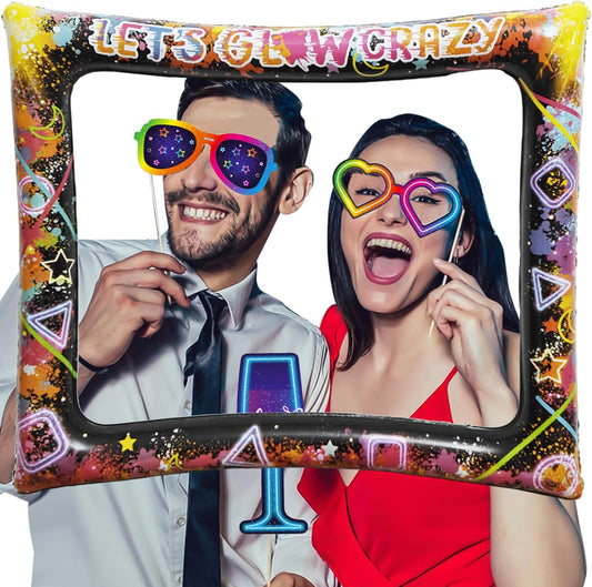 25pcs Neon Glow Party Photo Booth Props with Let's Glow Inflatable Selfie Photo Booth Frame - Funny Neon Selfie Props for Dark Black Light Birthday Party Decoration Supplies