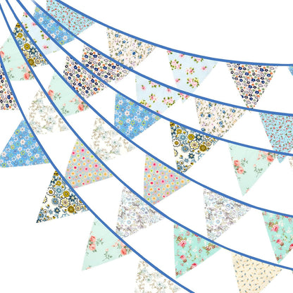 G2PLUS 39Ft Triangle Bunting Banner, 42Pcs Pink Floral Garland Pennant Banner, Reusable Cotton Triangle Flags Party Decoration for Birthday, Wedding, Garden Tea Party, Baby Shower, Room Decor