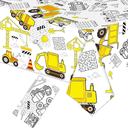 Giant Construction Coloring Tablecloth - 54"x108" Disposable Paper Table Cover Poster with Excavators, Dump Trucks, and Cranes for Birthday Decorations, DIY Creative Activity Party Favors