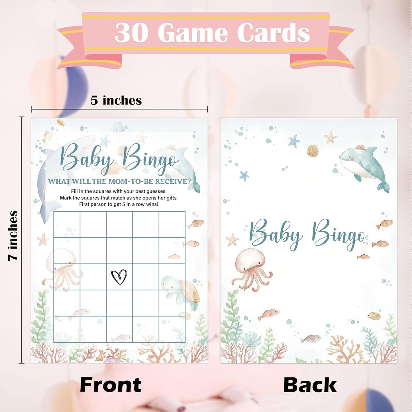 Under The Sea Baby Shower Bingo Game, Pack of 30 Game Cards, Sea Creatures Ocean Shower Game, Gender Reveal Party Decorations, Gender Neutral - KR77