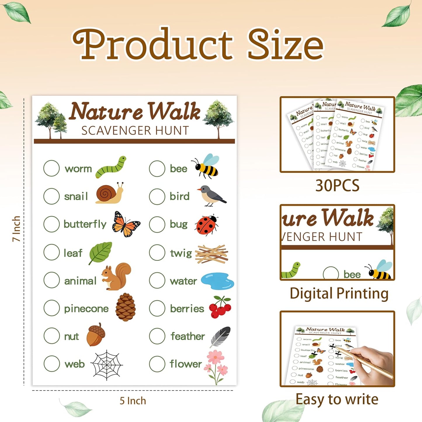 30Pcs Nature Scavenger Hunt Cards, Scavenger Hunt Cards Road Trip and Travel Activities, Spring Summer Holiday Party Supplies, Camping Games Outdoor Indoor Seek Activity-A03
