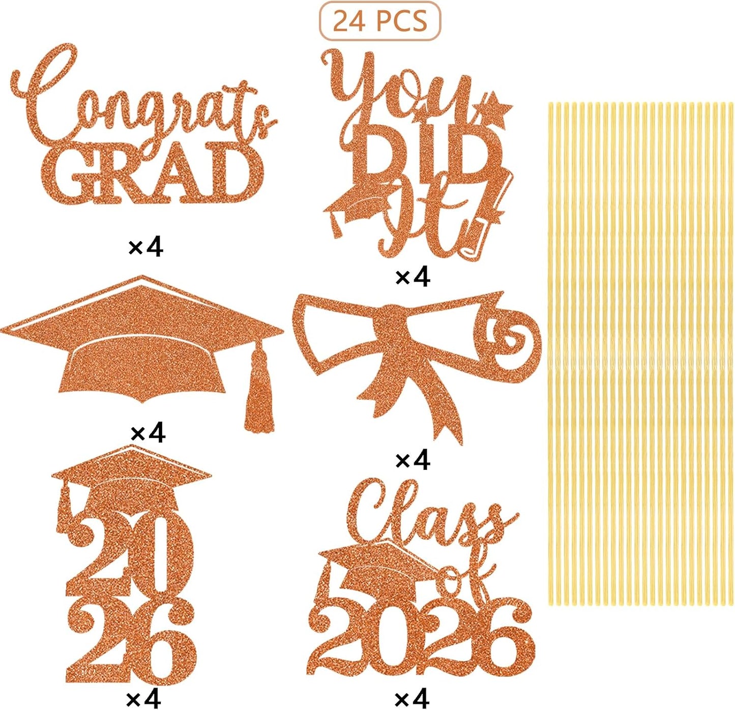 Graduation Centerpiece Sticks 24PCS Glitter Grad Picks Party Table Decor Senior High School College Sign Gold