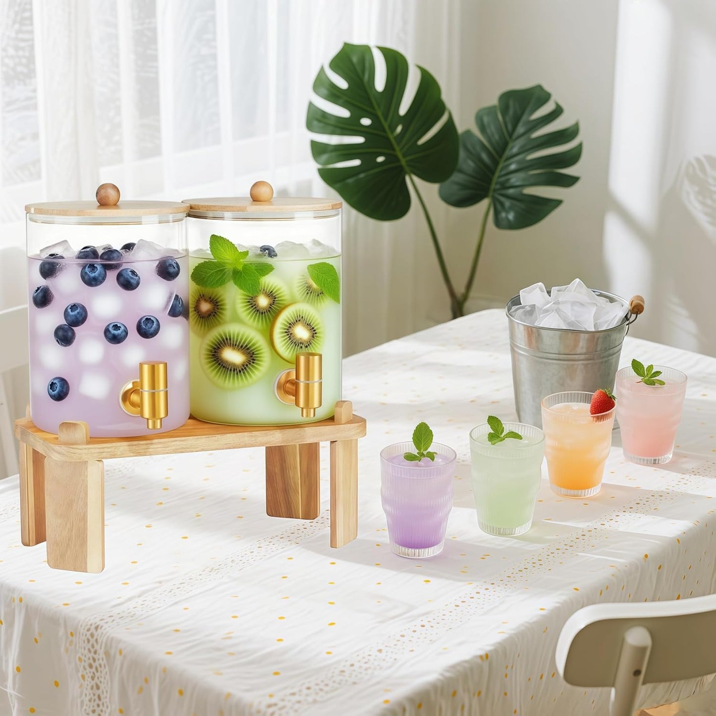 2 Pack Drink Dispenser with Wood Stand, Glass Beverage Dispenser with Spigot and Labels, Glass Water Dispenser for Parties, Lemonade Dispensers for Juice, Tea, and Home Bar Party Drinks (1 Gallon)