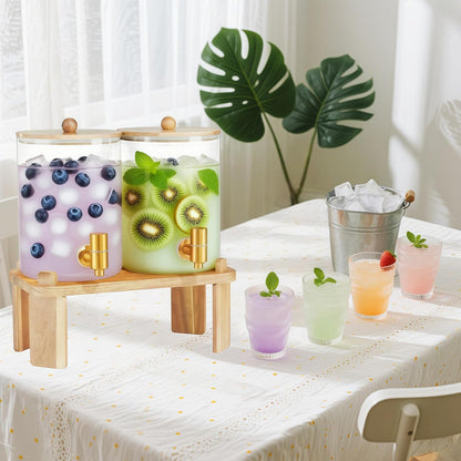 2 Pack Drink Dispenser with Wood Stand, Glass Beverage Dispenser with Spigot and Labels, Glass Water Dispenser for Parties, Lemonade Dispensers for Juice, Tea, and Home Bar Party Drinks (1 Gallon)