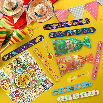 Mexican Fiesta Party Favor 122 PCS Mexican Themed 12 Slap Bracelets 12 Silicone Bracelets 50 Stickers 12 glitter drinking straws 12 Fiesta Keychains 12 Candy Bags 12 Bubble Wands for Mexican Party