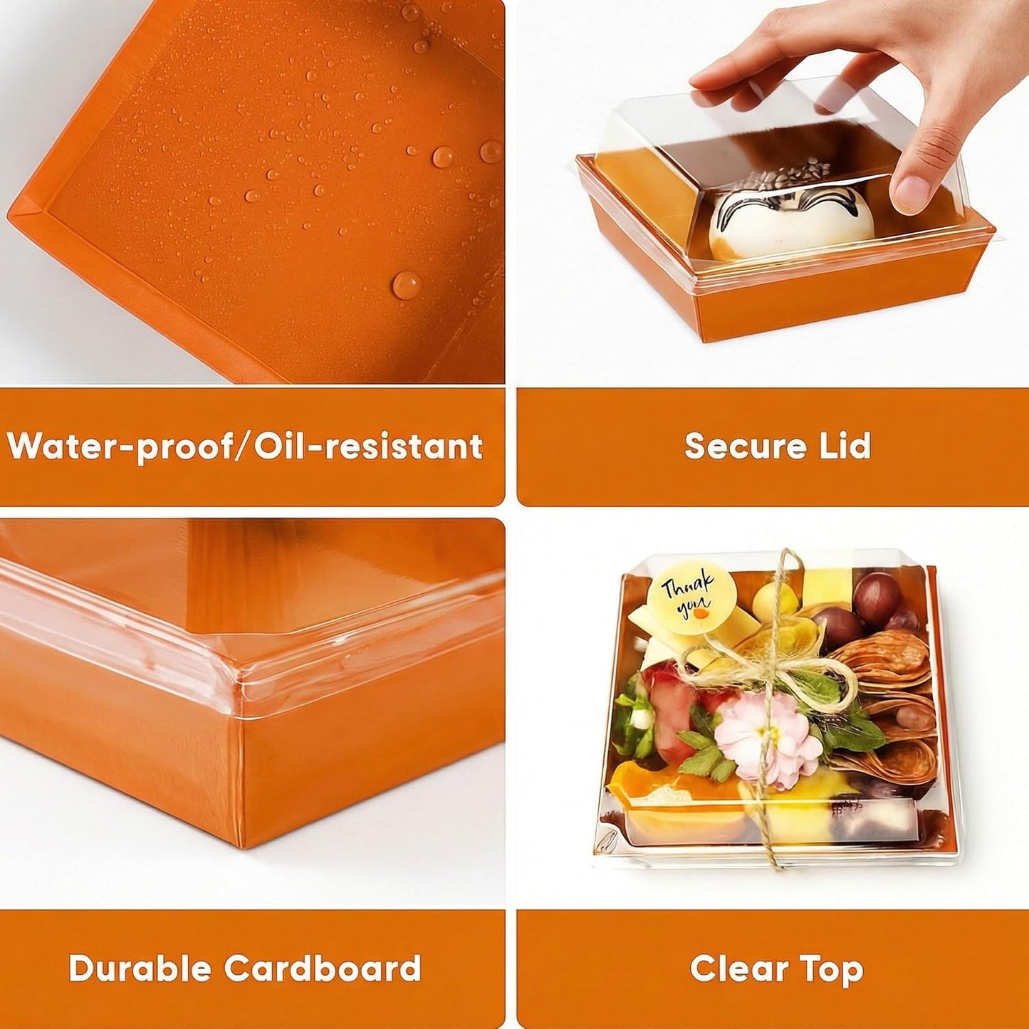 Leafiew 50 Pack Small Charcuterie Boxes with Clear Lids - To Go Paper Mini Charcuterie Box, Disposable Food Containers, 5Inch Dessert Boxes - Sandwich, Cookie, Sushi, Cake Slice, Strawberries (Brown)