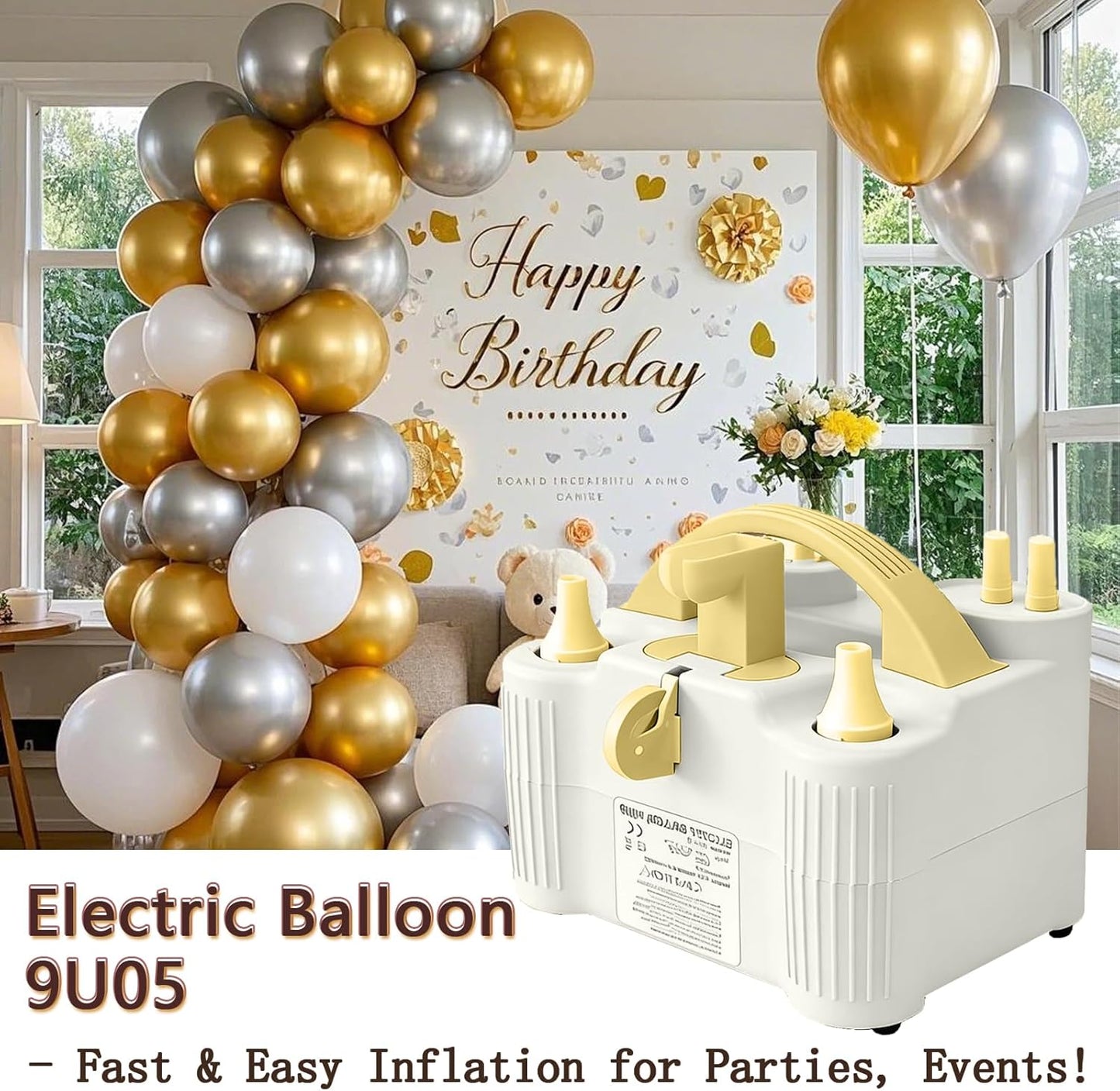 4-in-1 Electric Balloon Pump for All Balloons, Inflatables, and Sports Balls, Portable High Power Triple Inflating Ports for Latex Foil 260q Mylar Balloon