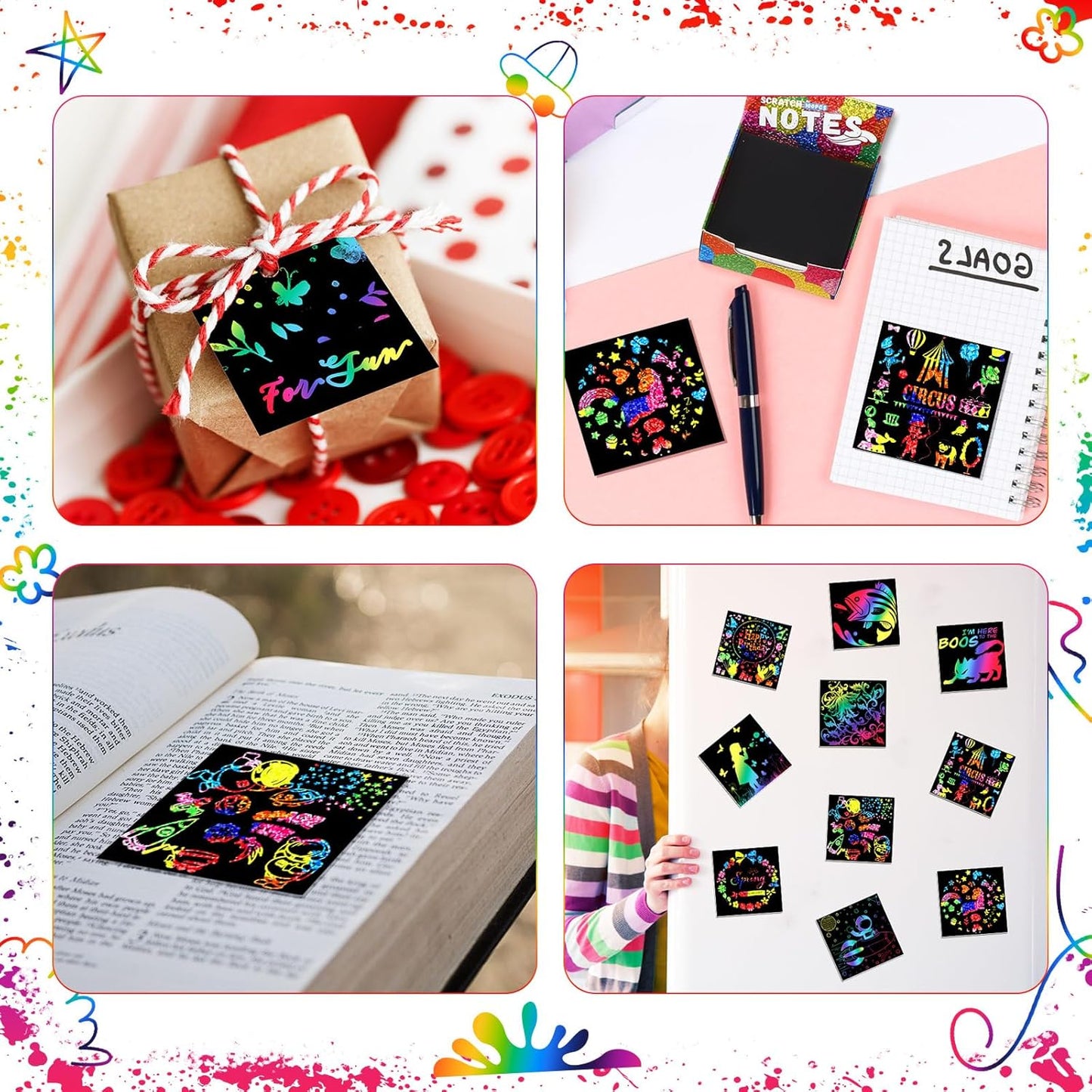Lenwen Scratch Cards Rainbow Note Scratch Pads with 20 Bamboo Stylus for Adult Paper DIY Paper Craft Kits Birthday Party Favors Supplies(Rainbow Mix,500)