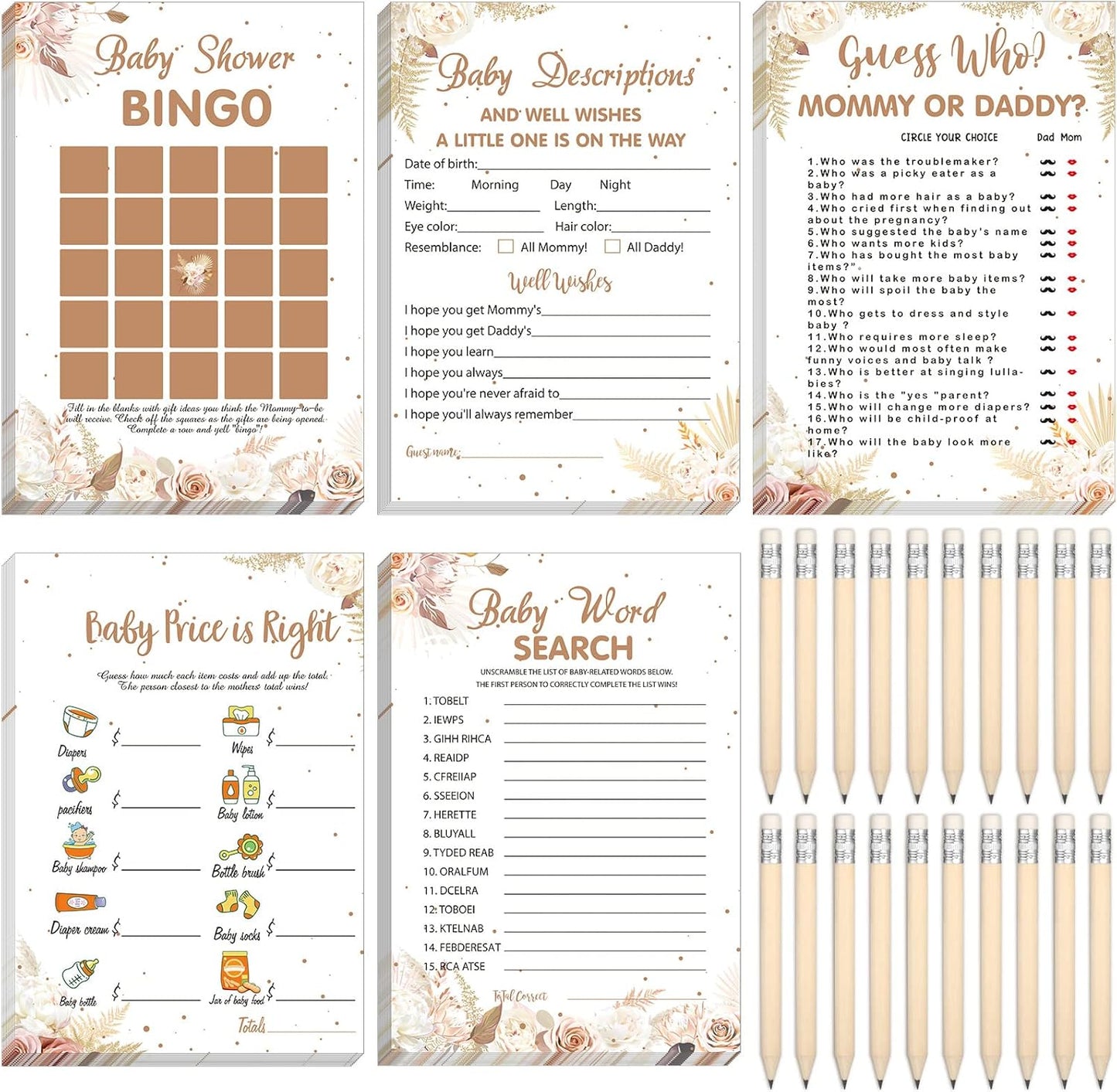 Yinder 145 Pcs Baby Shower Games Activities Cards with 20 Pencils Includes Baby Bingo Description and Wishes Guess Who Price is Right Word Scramble Game(Here Comes the Son)
