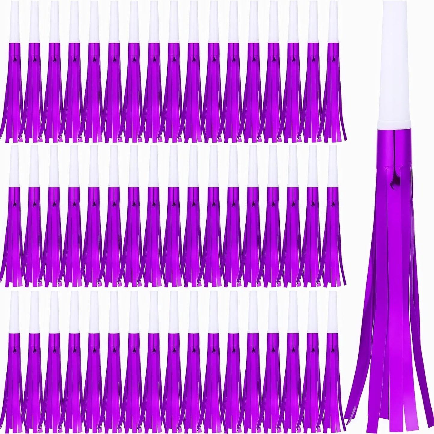 Noise Makers Party Horns, 60 Pack, Purple Metallic Glitter with Fringe, for Birthday, Wedding, New Year