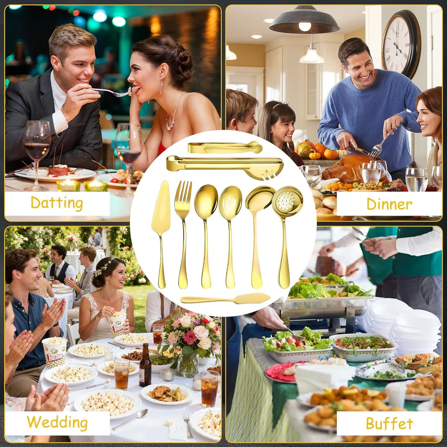 12 Pcs Gold Serving Utensils Set Include Stainless Steel Large Serving Spoons Slotted Spoons Forks Soup Ladle Pie Server - Metal Utensils for Parties Buffet Catering, Dishwasher Safe