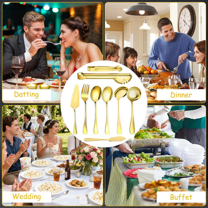 12 Pcs Gold Serving Utensils Set Include Stainless Steel Large Serving Spoons Slotted Spoons Forks Soup Ladle Pie Server - Metal Utensils for Parties Buffet Catering, Dishwasher Safe