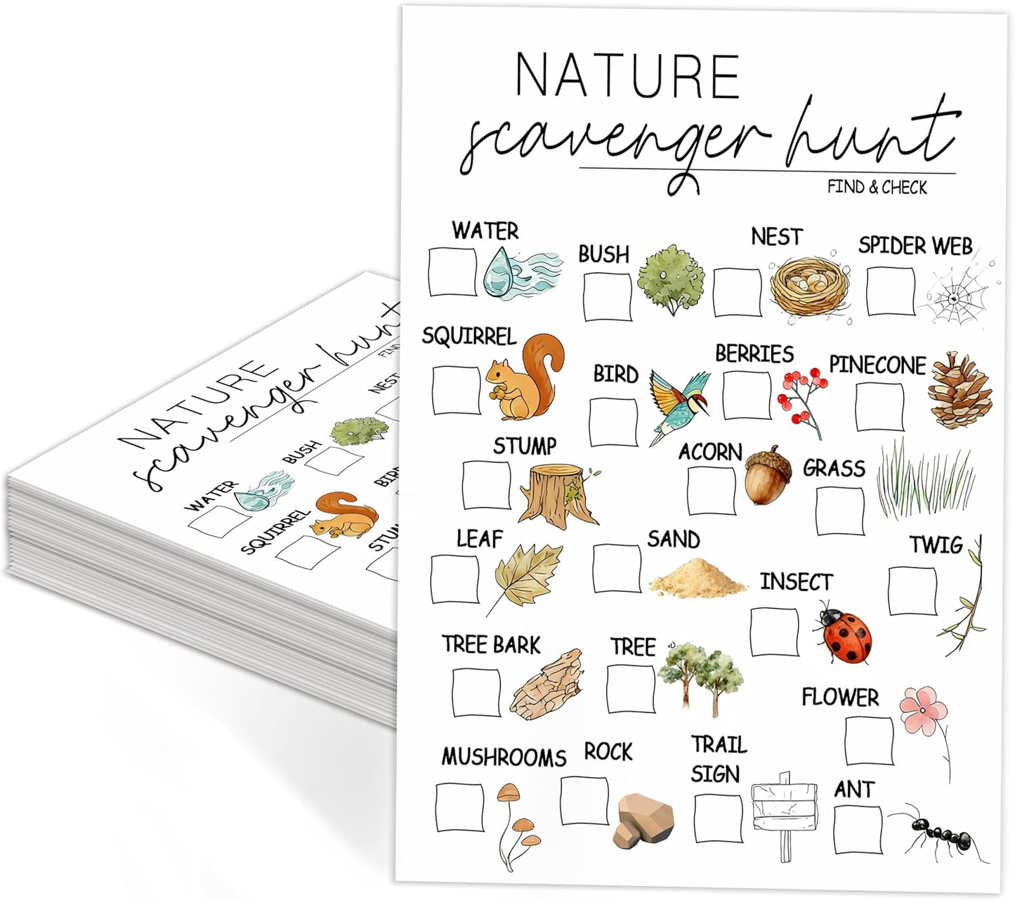 30Pcs Nature Scavenger Hunt Cards, Scavenger Hunt Cards Road Trip and Travel Activities, Spring Summer Holiday Party Supplies, Camping Games Outdoor Indoor Seek Activity-A03
