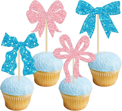 Ephlyn 24Pcs Pink Bow Cupcake Toppers Bow Birthday Cake Topper Girls Birthday Party Decorations Bowknot Cupcake Decorations for Bridal Wedding Themed Party Multi