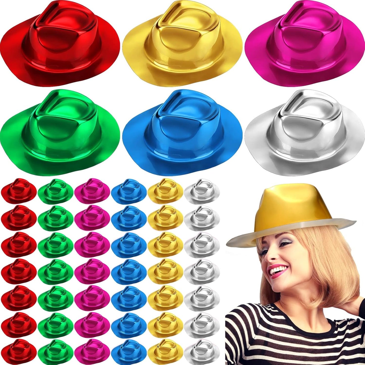 Handepo 48 Pcs Hats Party Metallic Colors Plastic Crazy Hats for Adults Cowboy Bulk Party Supplies Dress Costume Photo