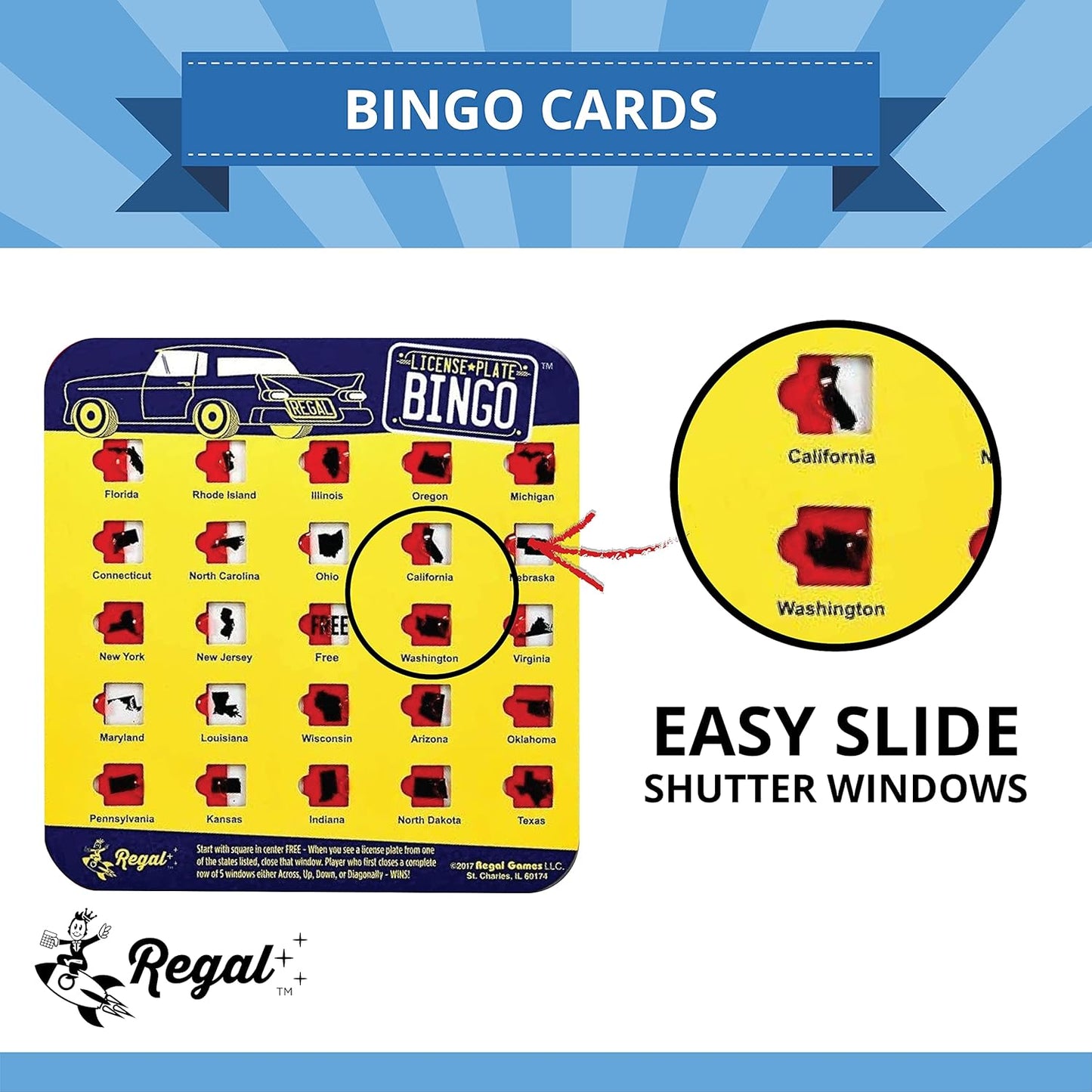 Regal Games Finger-Tip Shutter Bingo Cards with Sliding Windows - Auto Bingo Game Set - Assorted Travel Game for Adults & Kids - Reusable, No Chips & Daubers Needed - 4 Packs - Green