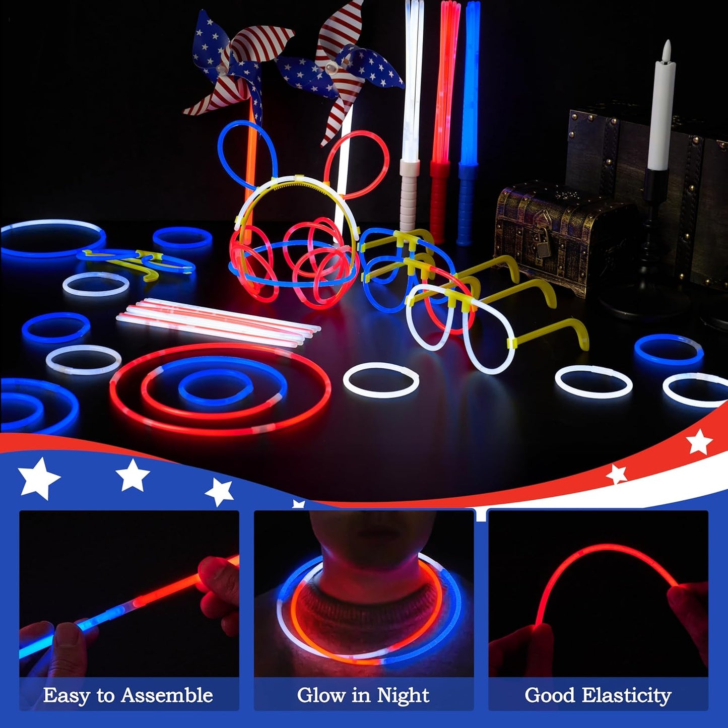 JOYIN 90 PCS July 4th Glow Sticks Set, Red White Blue Patriotic Glow Sticks with Connectors, Glow in the Dark Pinwheels Wands, Headbands & Glasses Party Favors for Independence Day Accessory Decor