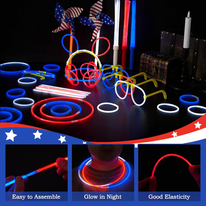 JOYIN 90 PCS July 4th Glow Sticks Set, Red White Blue Patriotic Glow Sticks with Connectors, Glow in the Dark Pinwheels Wands, Headbands & Glasses Party Favors for Independence Day Accessory Decor