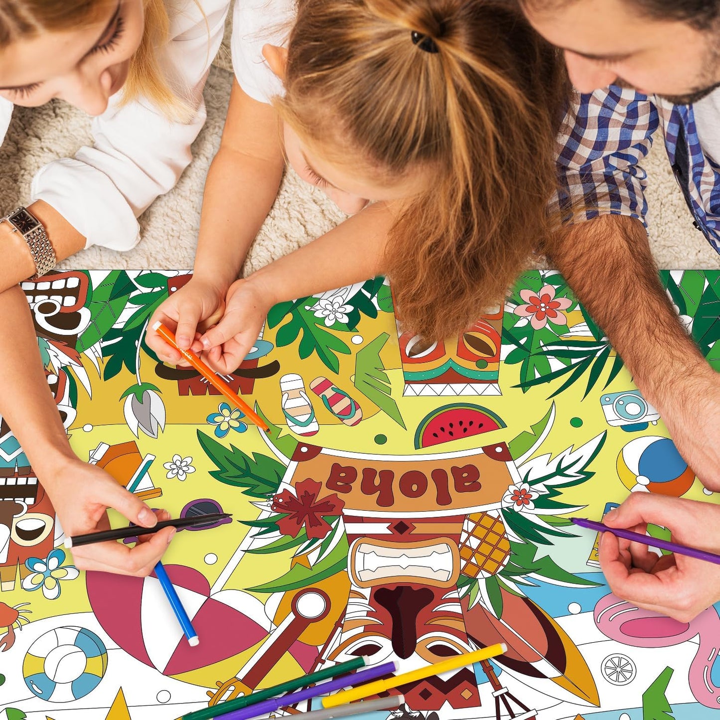 43.3x31.5 Summer Coloring Poster with Picture, Giant Cute Painting Poster, Large Coloring Tablecloth for Classroom Home Birthday Party Supplies Favor
