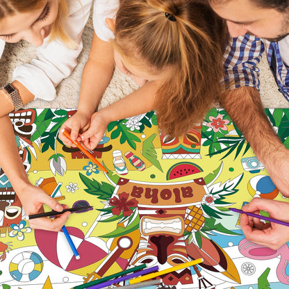 43.3x31.5 Summer Coloring Poster with Picture, Giant Cute Painting Poster, Large Coloring Tablecloth for Classroom Home Birthday Party Supplies Favor