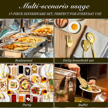 Mwellewm 17Pcs Serving Utensils, Gold Stainless Steel Serving Spoons, Slotted Spoon, Fork, Tongs, Cake Pie Server, Soup Spoon, Metal Buffet Banquet Cutlery Set for Parties Entertaining Catering