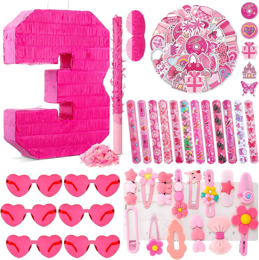 16 Inch Pink Number 6 Pinata for 6th Birthday Party Decorations, 16 x 12 x 3.2 Inches Birthday Pinata with Pinata Filler, Pink Heart Shaped Sunglasses, Stickers, Stick, Blindfold, Confetti