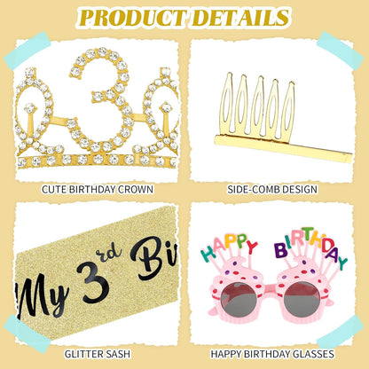 YARIEW 3rd Birthday Decorations, 3rd Glitter Purple Sash and Crown Kit with Happy Birthday Sunglasses, Tiara Princess Crown and Sash Party Outfit Accessory