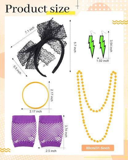 Blulu 80s Accessories Women Lace Headband Earrings Fishnet Gloves Necklace Bracelet for 80s Retro Party Halloween