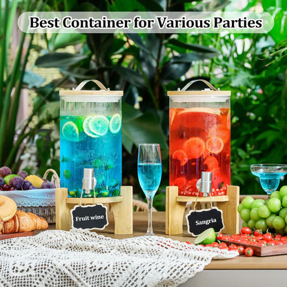 1.2 Gallon Large Glass Drink Dispenser For Parties, Beverage Dispenser with Bamboo Wood Stand and Stainless Steel Spigot, Juice, Lemonade, Water jug dispenser, Laundry Detergent Dispenser (2 PACK)