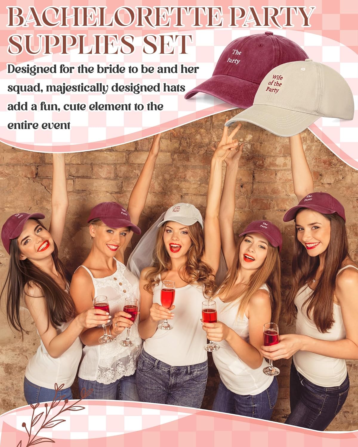 Chicingyou 8 Pack Adjustable Bachelorette Hat, 1 Wife of the Party Cap and 7 the Party Cap for Bridesmaid Bride Wedding Gift