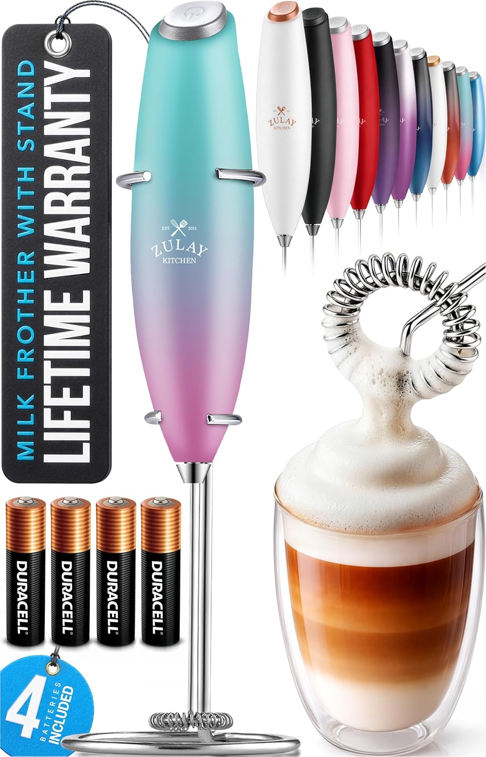 Zulay Kitchen Powerful Milk Frother Wand With Duracell Batteries - Ultra Fast Handheld Drink Mixer - Electric Whisk Foam Maker for Coffee, Lattes, Cappuccino & Matcha - Z1 Motor - Black - Colors A