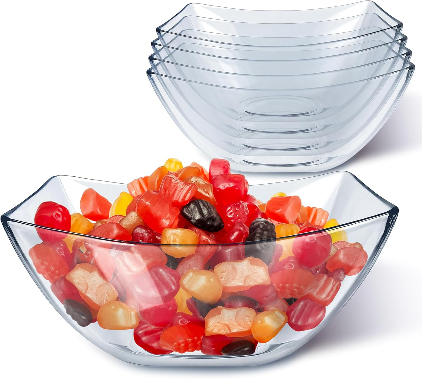 64oz Clear Plastic Serving Bowls (4 Pack) Large Disposable Candy Dishes, Square Plastic Buffet Containers for Chips, Snacks, Mints, Salad Bar, Snack Bowl Parties, Office, Bridal Shower, Party Supplies