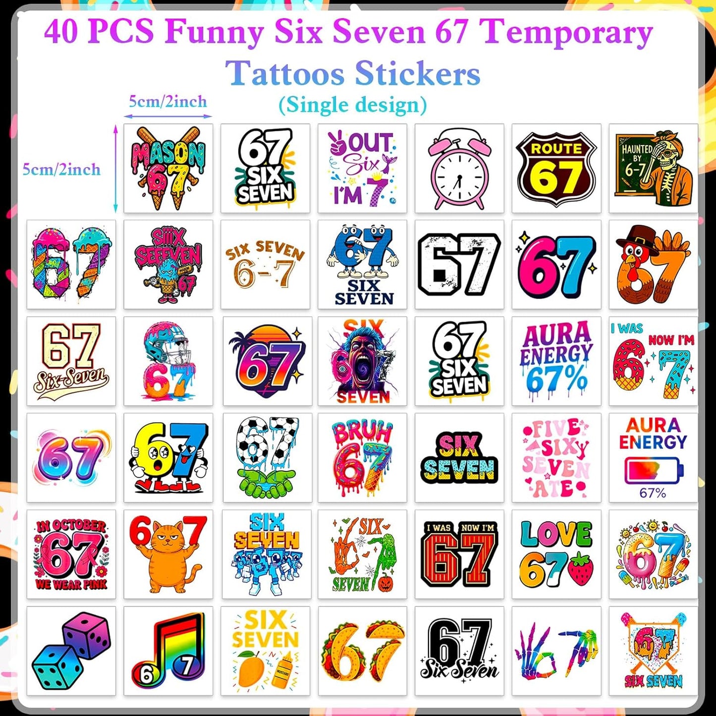 Konsait 40 Pcs Single Sheet Six Seven 67 Temporary Tattoos 67 Decorations Tattoos Stickers Party Supplies for 6 7 Party Favors and 6 7 Birthday Decorations